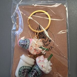 Starbucks Pink and White Coffee Cup Keychain with Gold Ring